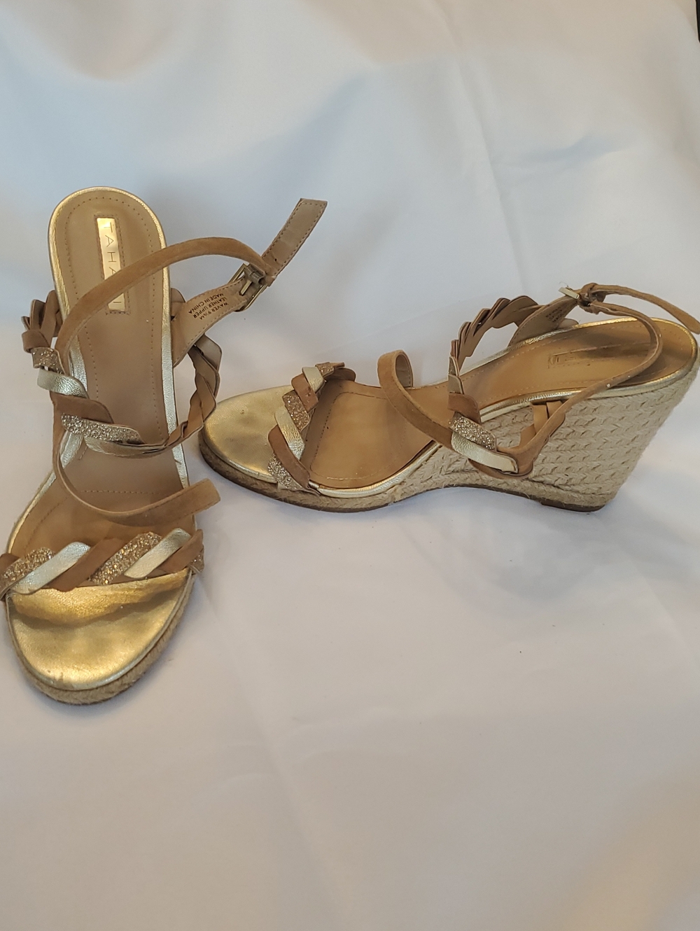 Tahari Gold Braided Espadrille Wedge Sandals
